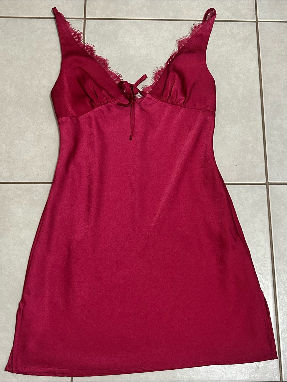 White Fox Boutique dark red lace-trim satin mini slip dres
